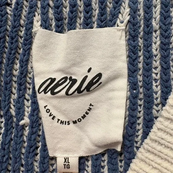 Aerie Sugar Rush Chenille Knit V Neck Collar Pullover Sweater Blue White XL - Picture 4 of 8